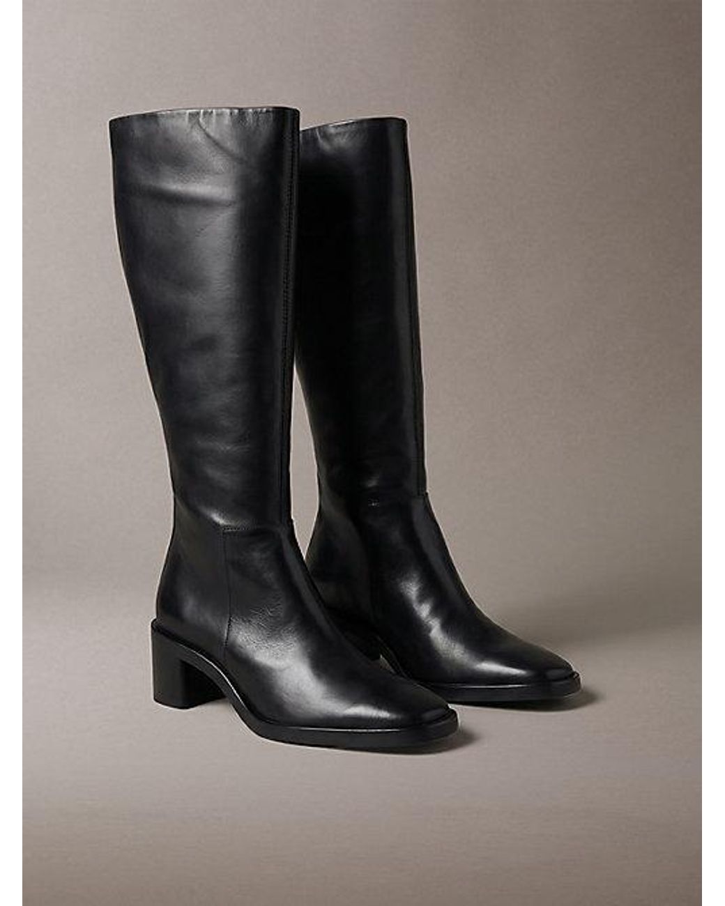 Calvin Klein Black Leather Block Heel Knee Boots