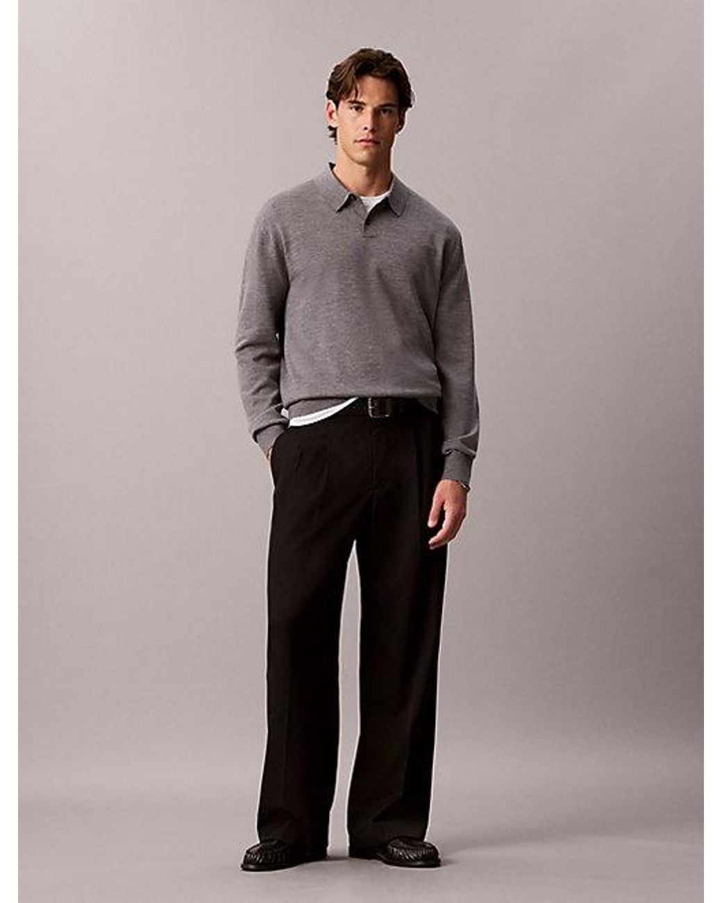 Calvin Klein Gray Merino Wool Polo Jumper for men