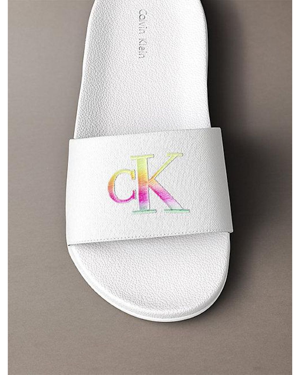Calvin Klein White Canvas Contoured Logo Sliders Pride