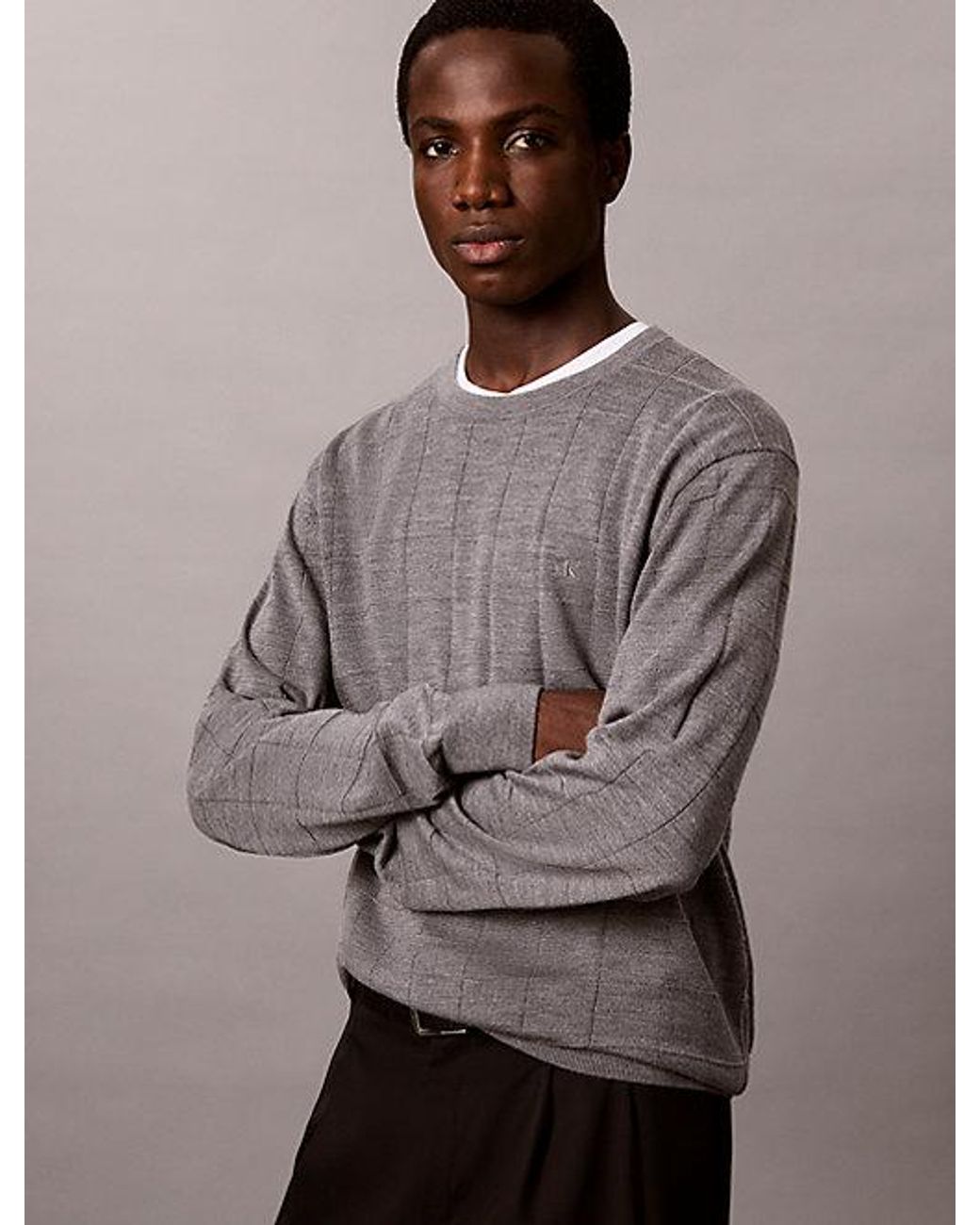 Calvin Klein Gray Merino Wool Grid Jumper for men
