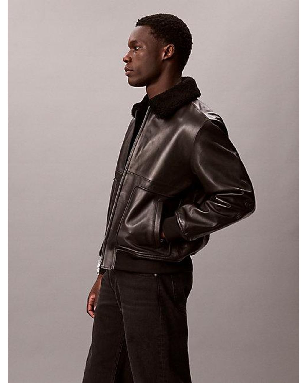 Calvin Klein Brown Leather Bomber Jacket for men