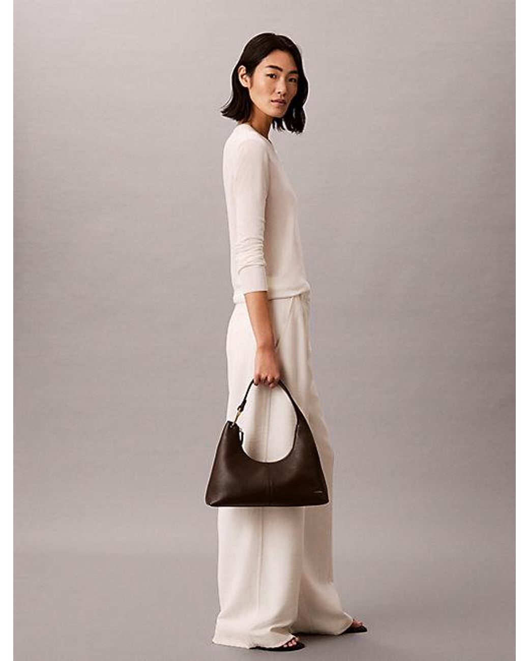 Calvin Klein Gray Soft Leather Asymmetrical Shoulder Bag