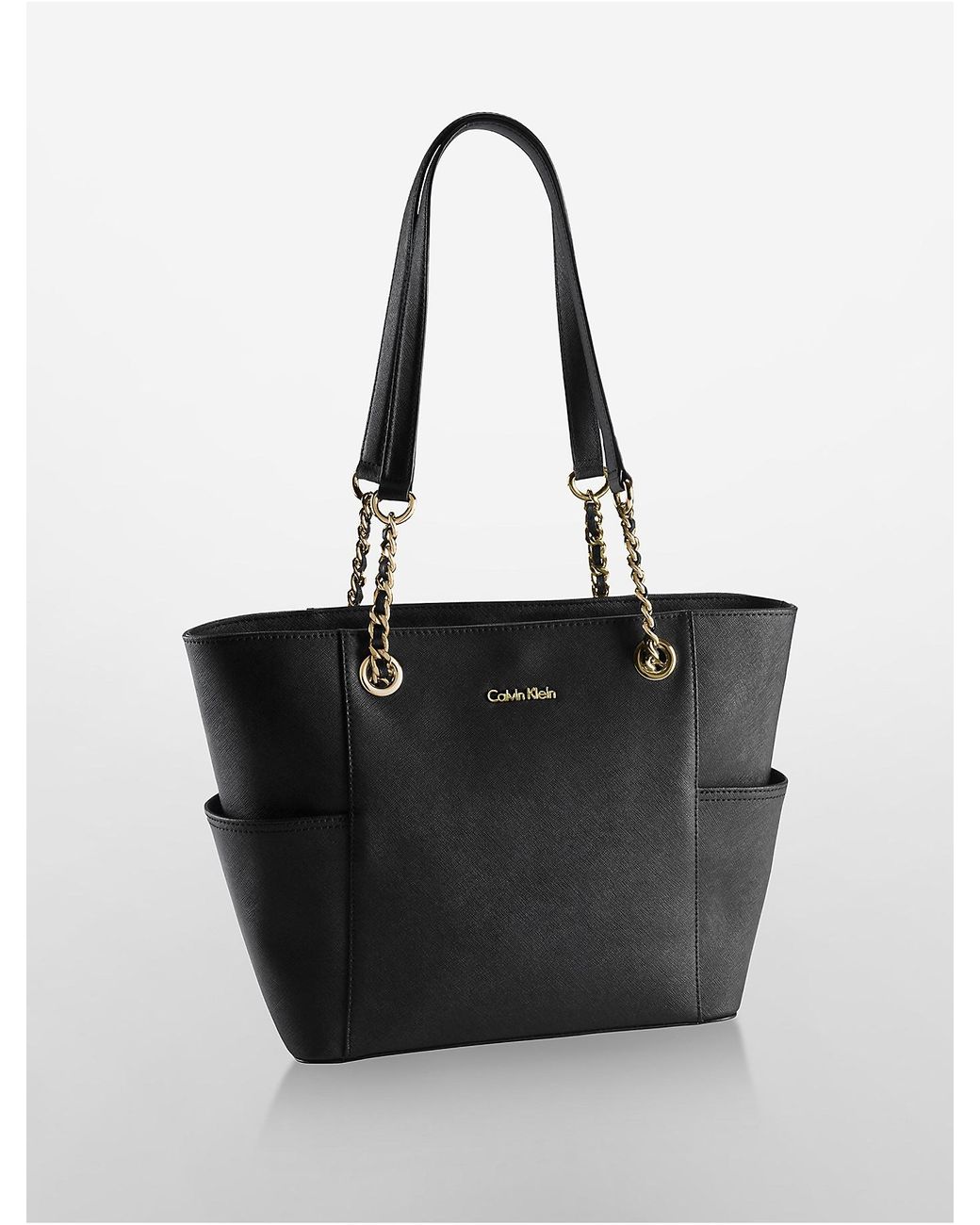 Calvin Klein Saffiano Leather Chain-trimmed Tote Bag in Black | Lyst