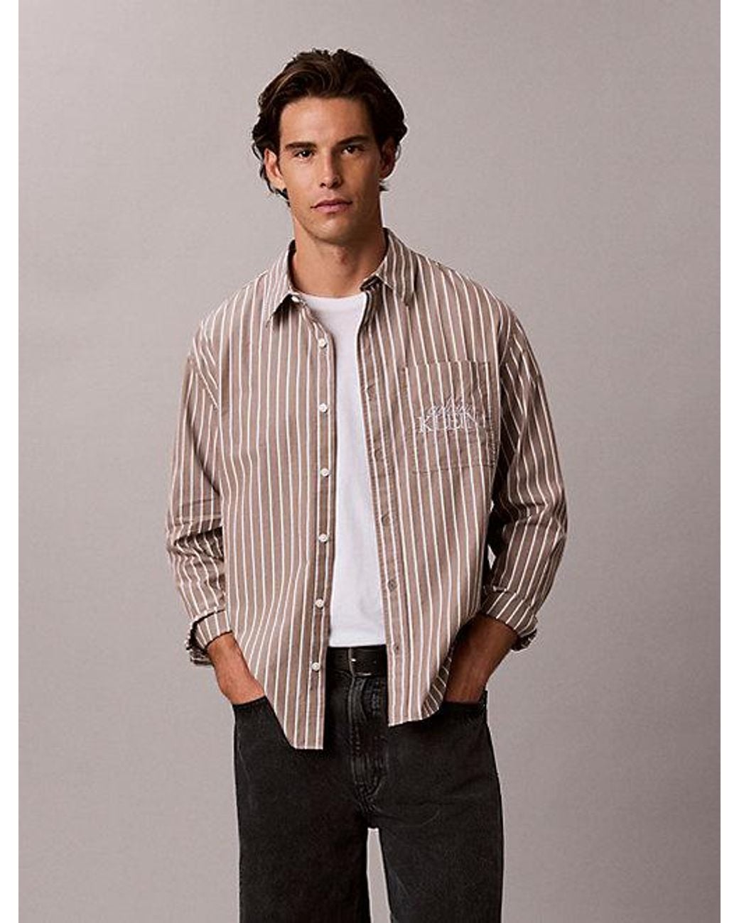Calvin Klein Gray Jeans Relaxed Cotton Poplin Stripe Shirt for men