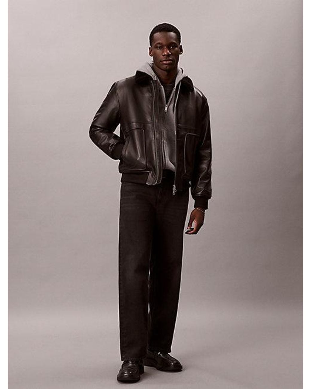 Calvin Klein Brown Leather Bomber Jacket for men