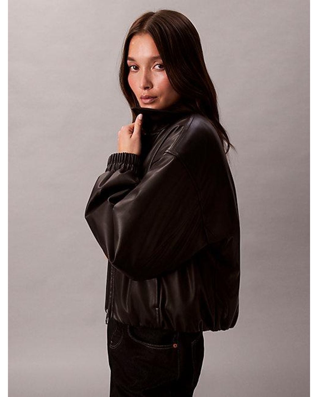 Calvin Klein Brown Jeans Faux Leather Relaxed Bomber Jacket