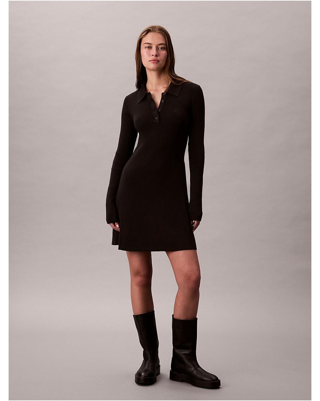 Calvin Klein Calvin Klein Cotton Rib V-Neck Polo Mini Dress in Black | Lyst