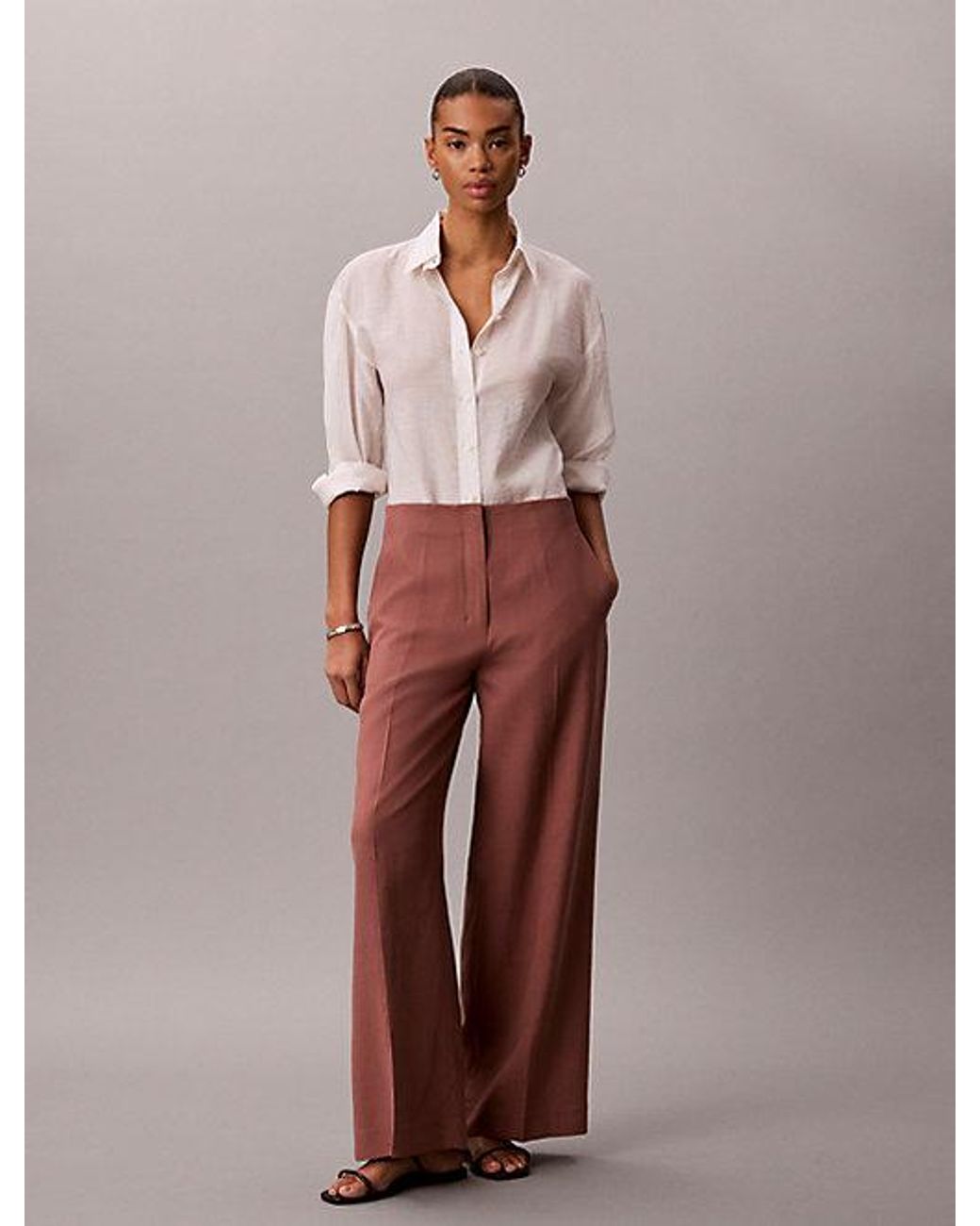 Calvin Klein Brown Lyocell Linen Blend Dress Trousers