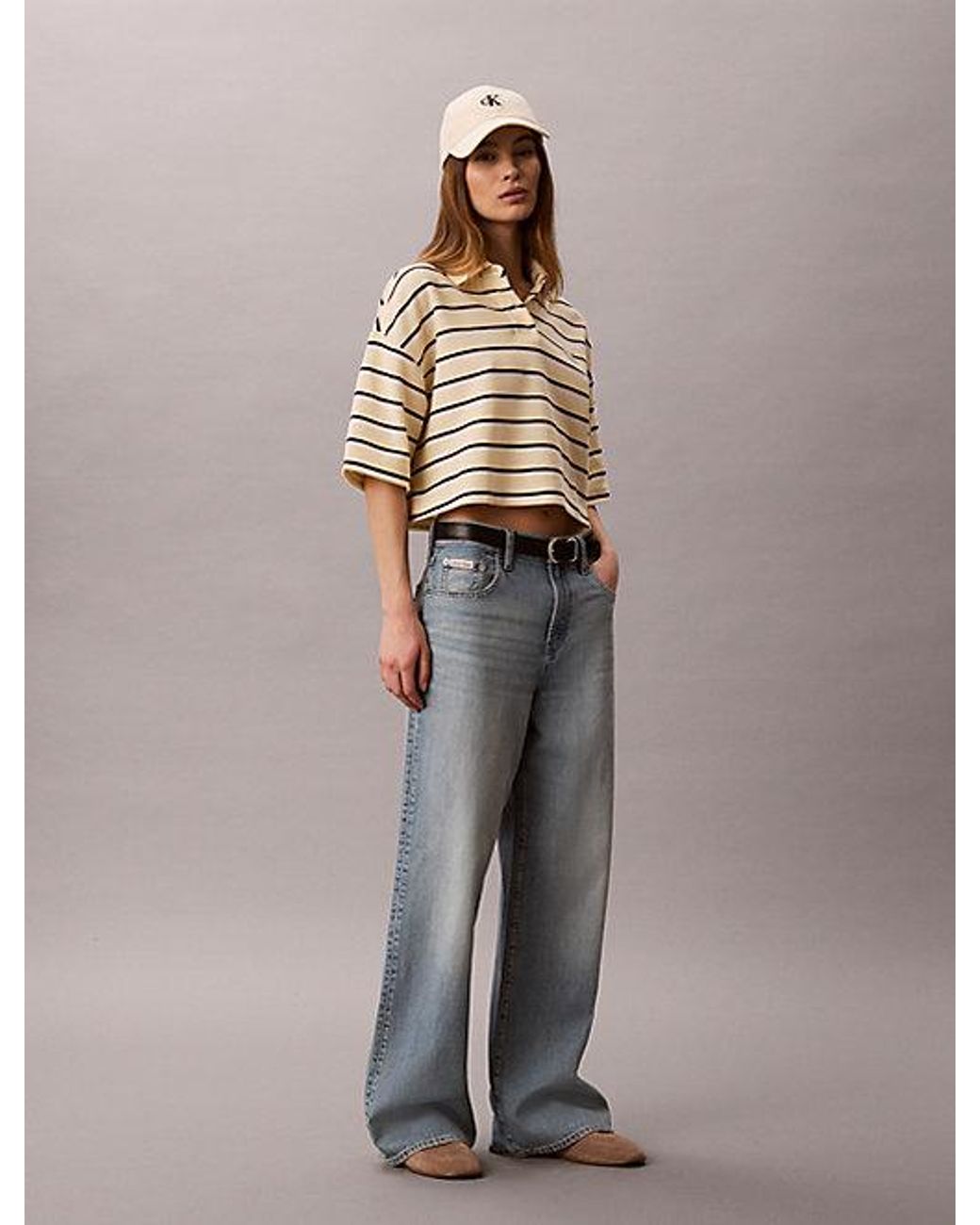 Calvin Klein Natural Jeans Stripe Cropped Boxy Polo Shirt