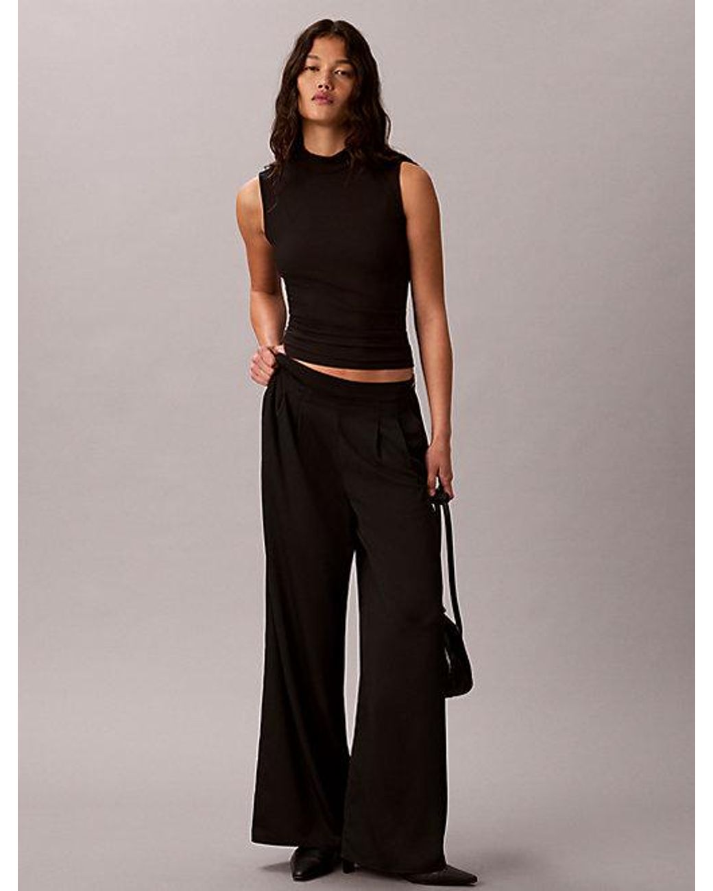 Calvin Klein Black Smooth Crepe Wide Leg Trousers