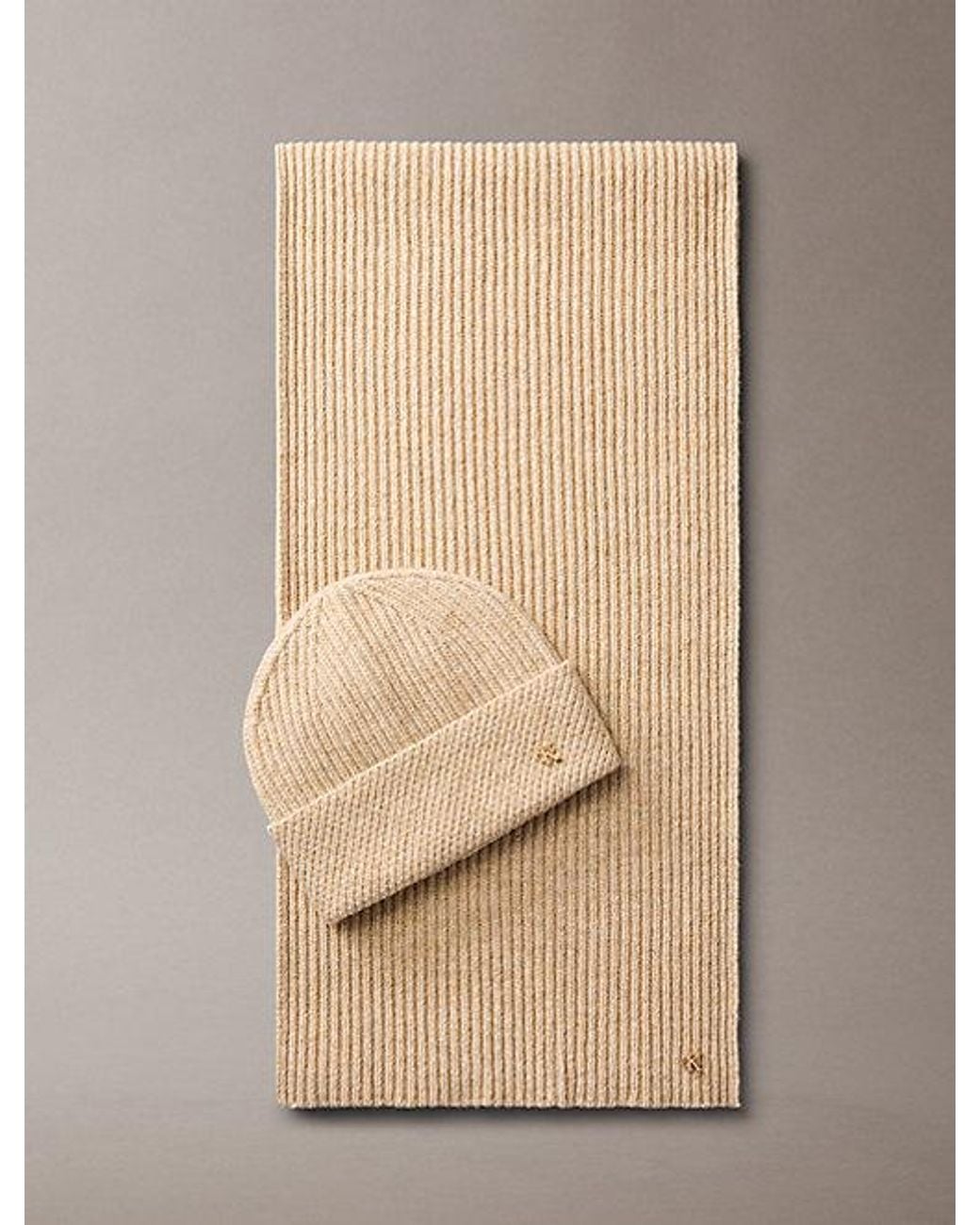 Calvin Klein Natural Wool Blend Scarf And Beanie Gift Set