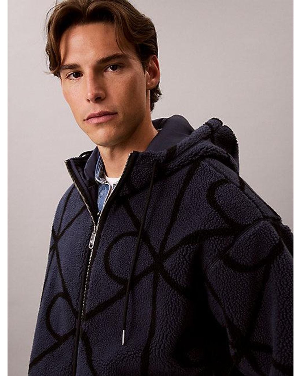 Calvin Klein Blue Jeans Sherpa Fleece Emblem Zip Hoodie for men