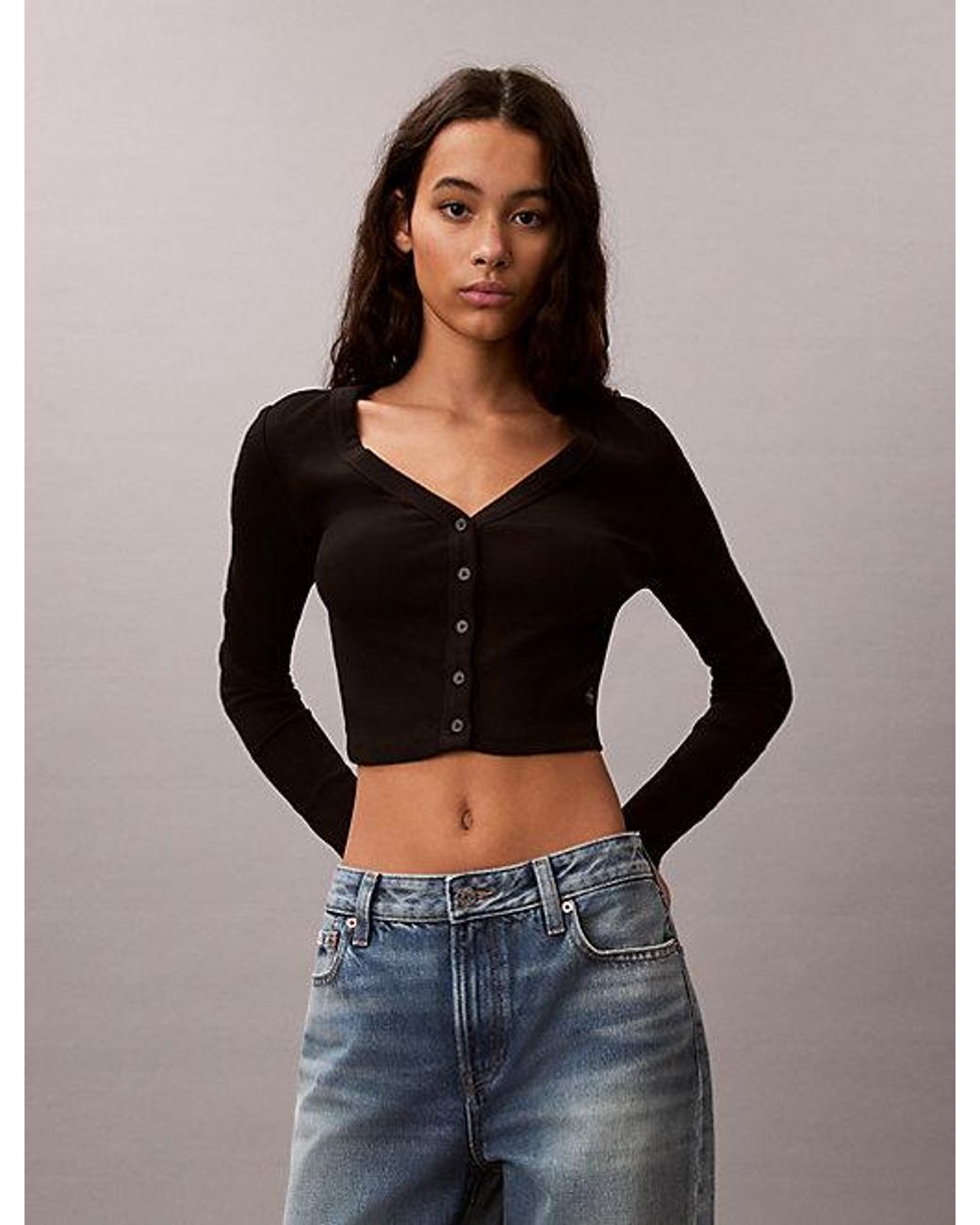 Calvin Klein Black Jeans Cropped Ribbed Cotton Cardigan