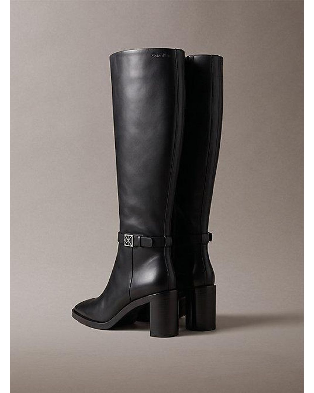 Calvin Klein Black Leather Block Heel Knee Boots