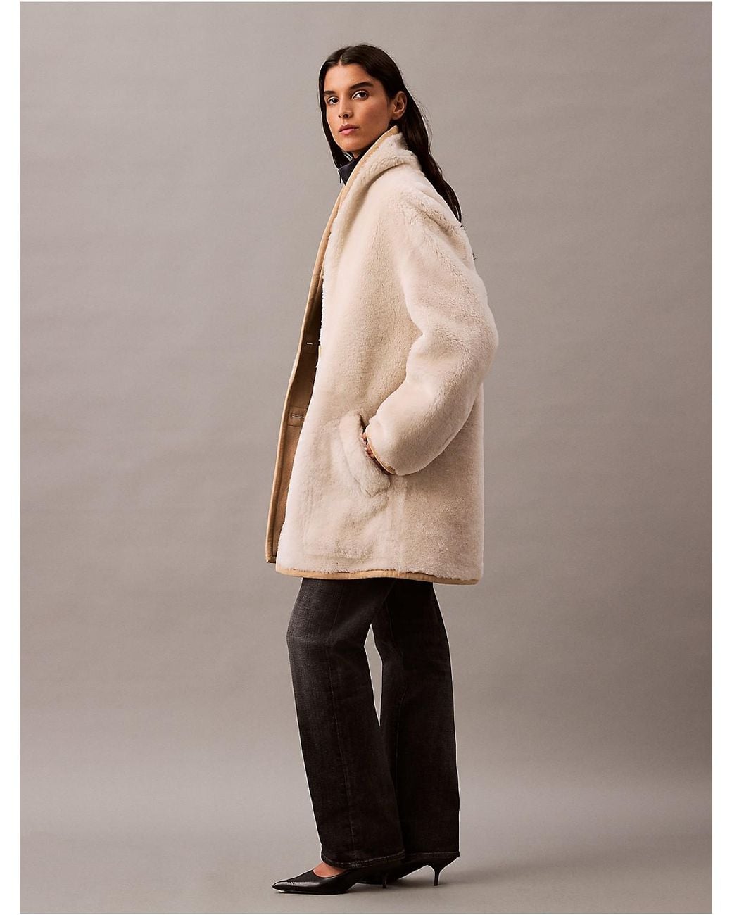 Calvin Klein Natural Reversible Shearling Coat