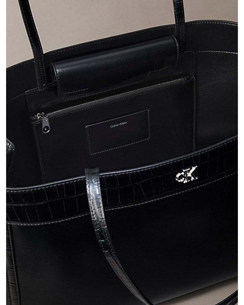 Calvin Klein Black Monogram Crocodile Large Tote Bag