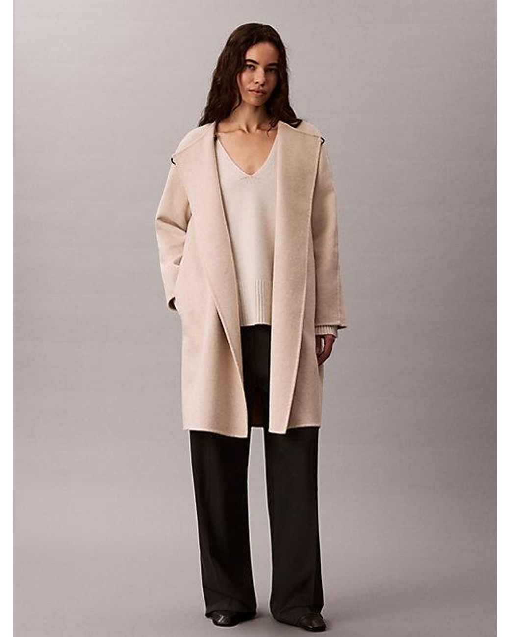 Calvin Klein Natural Wool Blend Coat With Scarf