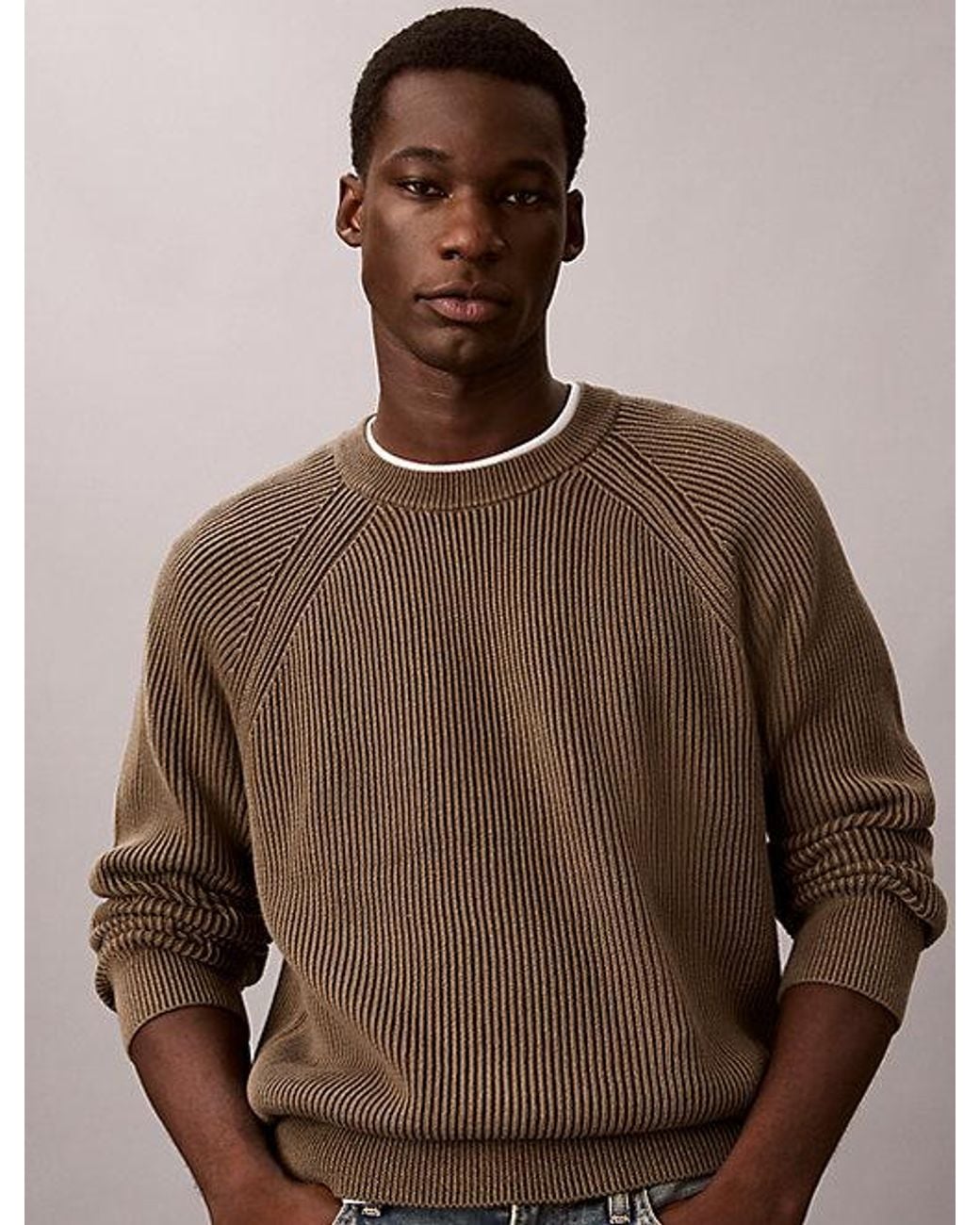 Calvin Klein Brown Jeans Two Tone Ribbed Cotton Jumper for men