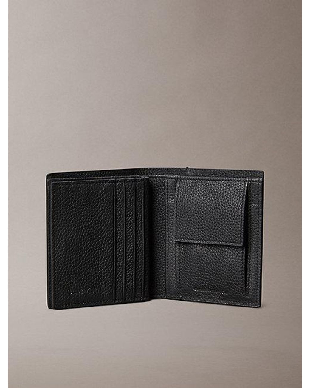 Calvin Klein Black Leather Rfid Foil Logo Trifold Wallet for men