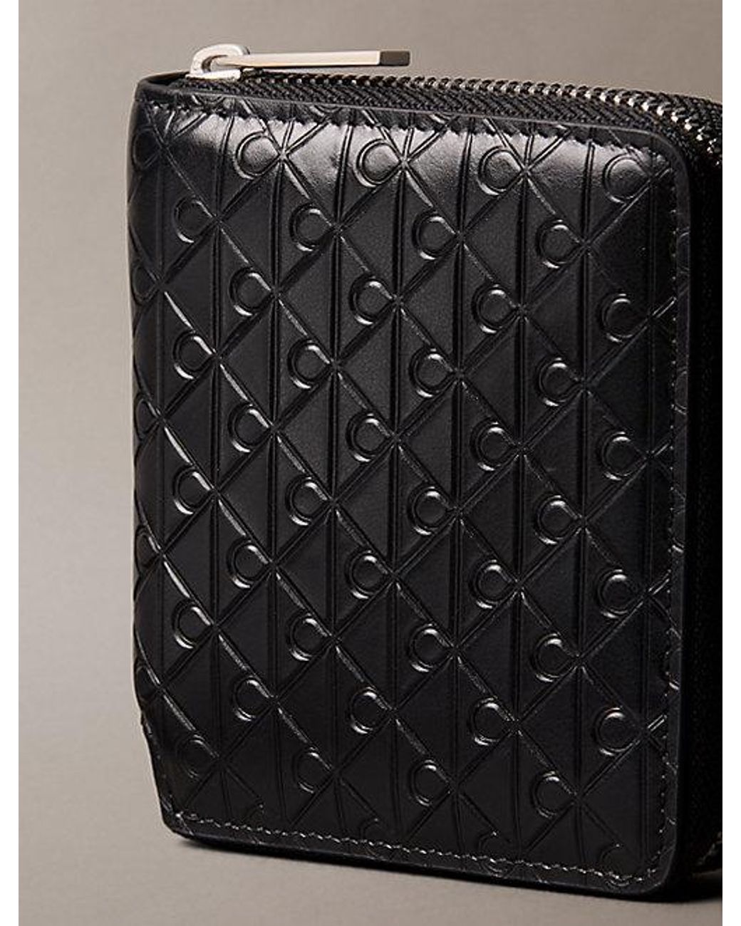 Calvin Klein Black Embossed Allover Monogram Zip Bifold Wallet for men