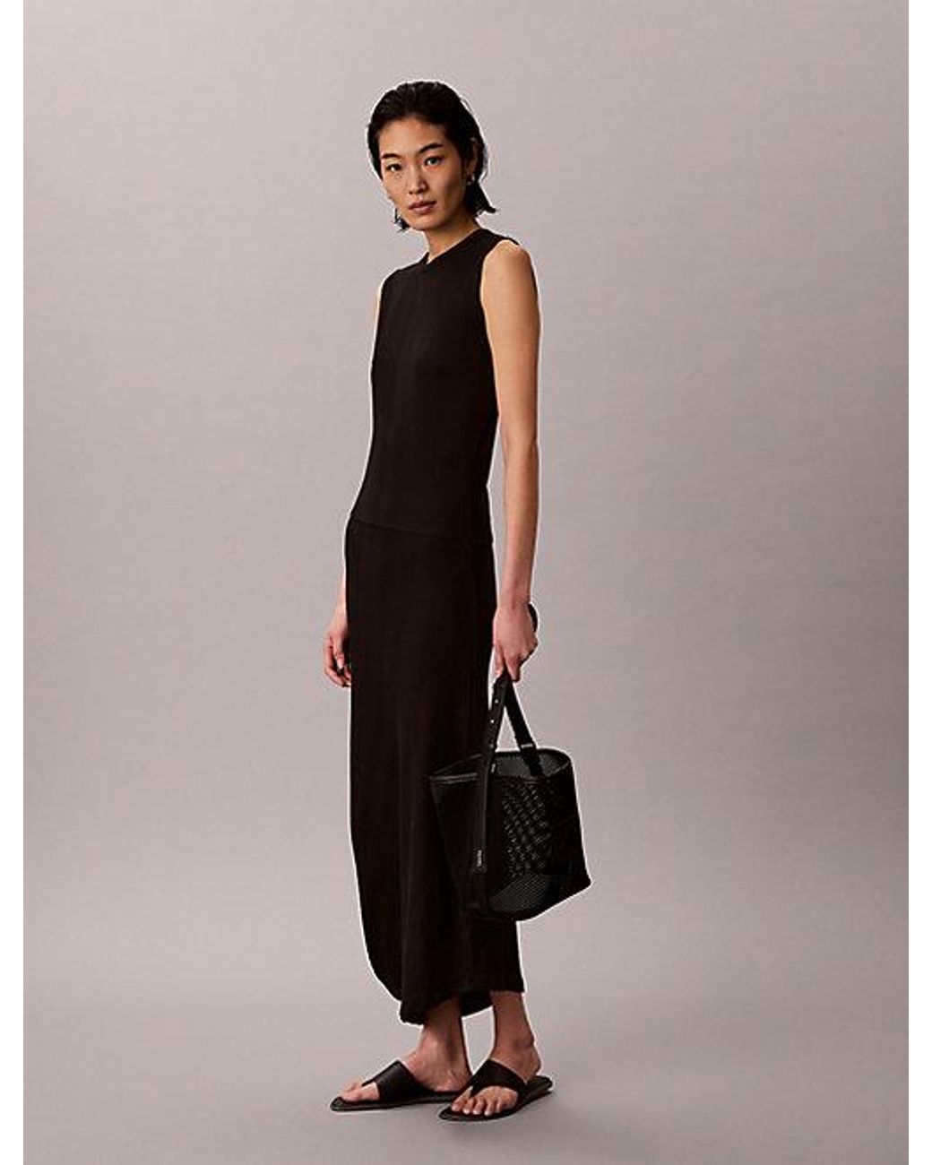 Calvin Klein Black Ribbed Cotton Asymmetric Midi Dress