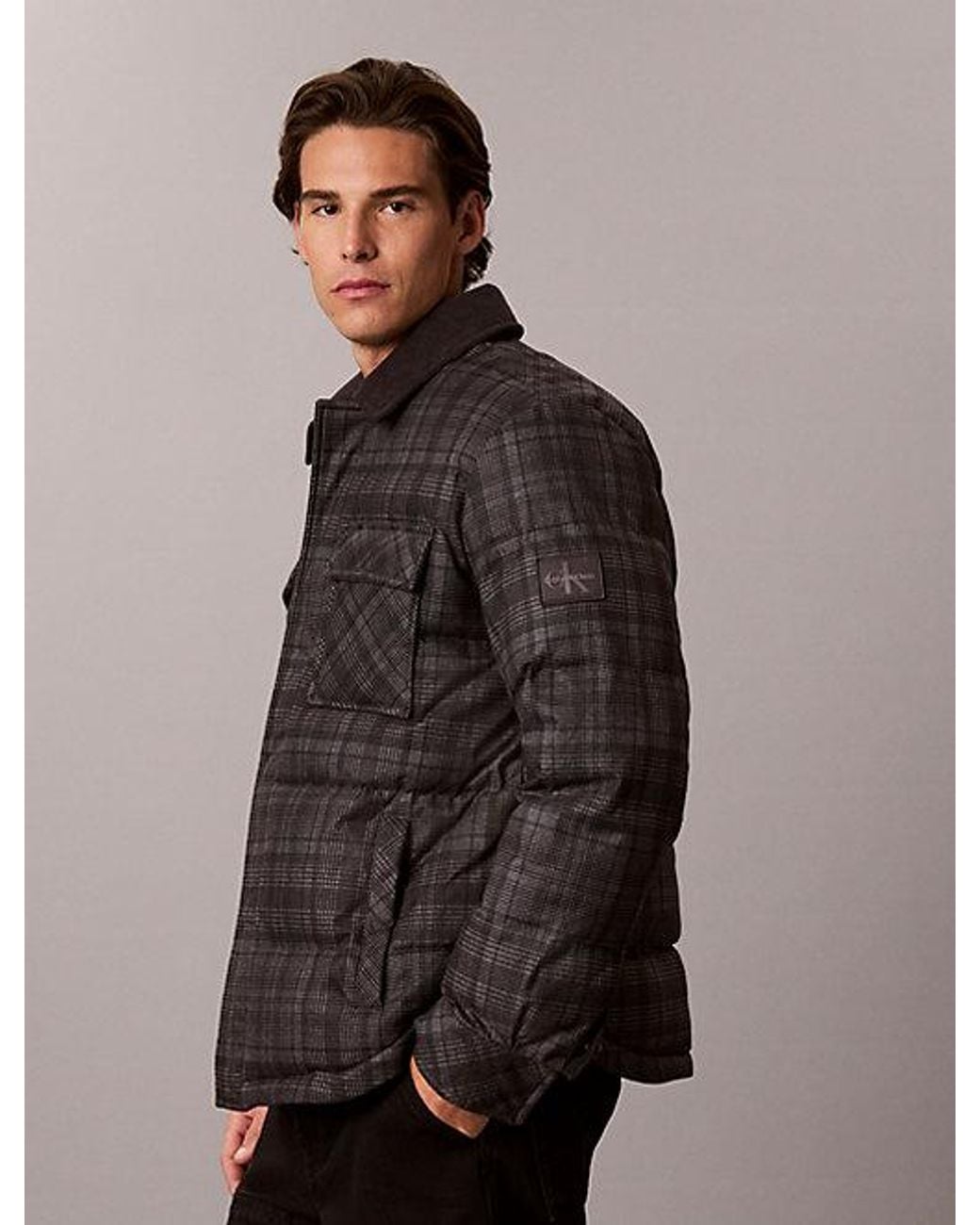 Calvin Klein Brown Jeans Plaid Check Puffer Shirt Jacket for men
