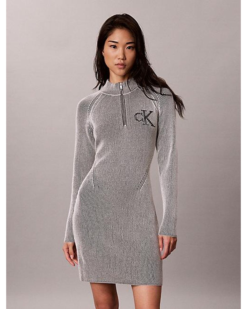 Calvin Klein Gray Jeans Monogram Graphic Rib Mini Dress