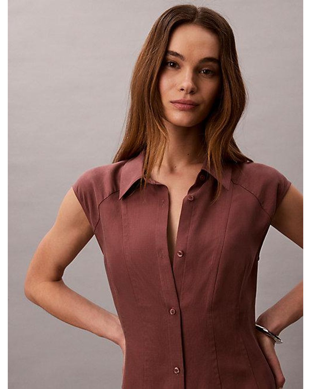 Calvin Klein Brown Soft Lyocell Linen Shirt Dress