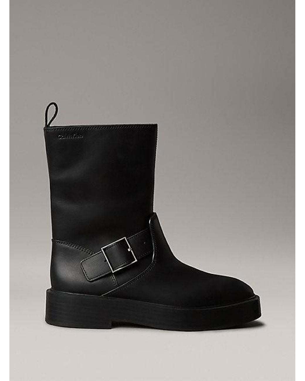 Calvin Klein Black Jeans Leather Stacked Heel Biker Boots
