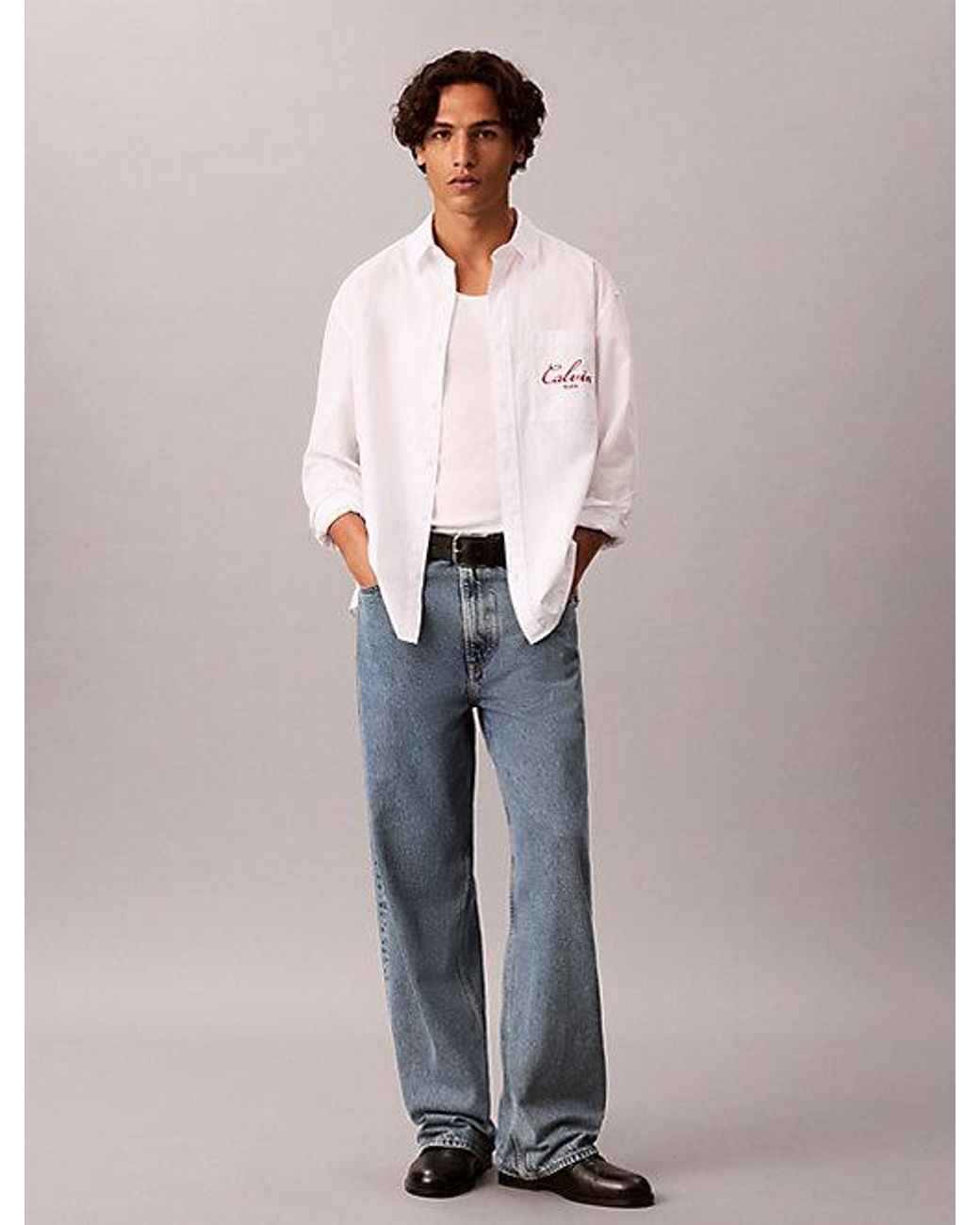 Calvin Klein Blue Jeans Relaxed Graphic Logo Button Down Shirt for men