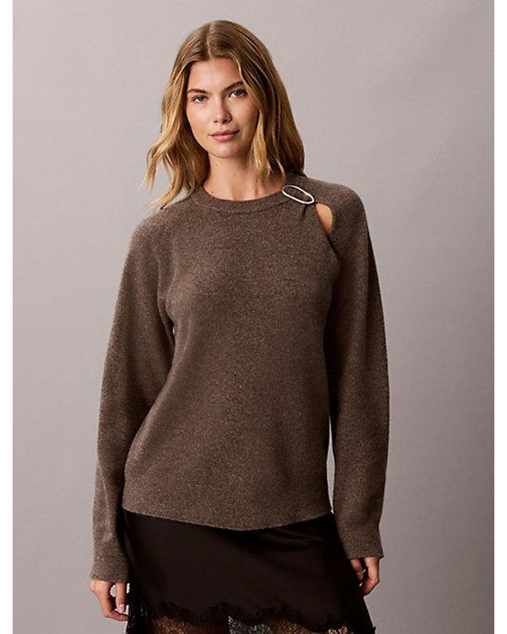 Calvin Klein Brown Wool Cut Out Jumper With Metal Accent
