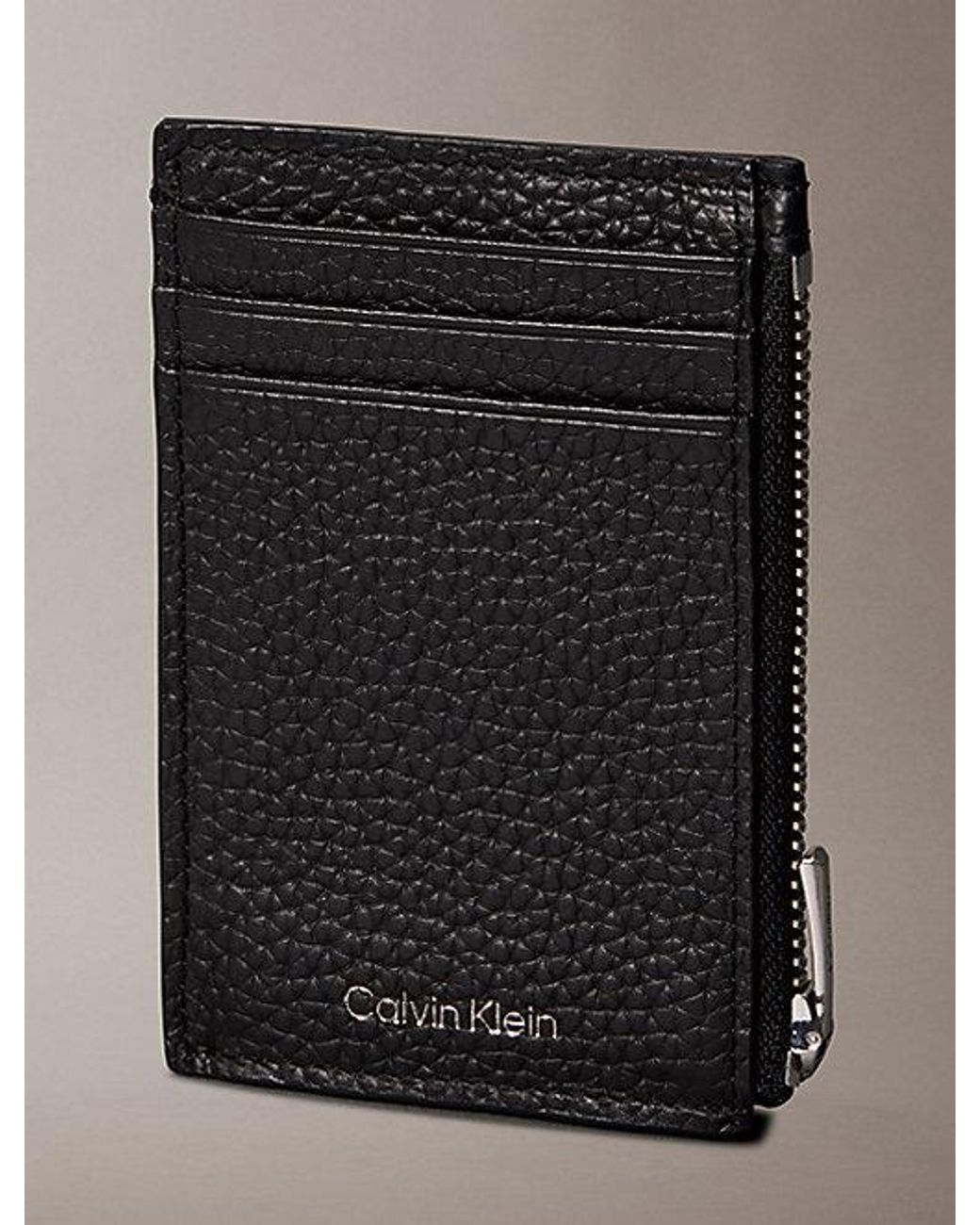 Calvin Klein Gray Full Grain Leather Rfid Zip Cardholder for men