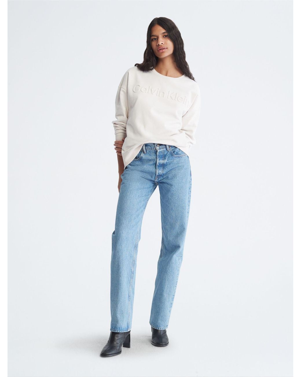 Calvin Klein Women's White Oversized Embossed Logo Crewneck Sweatshirt