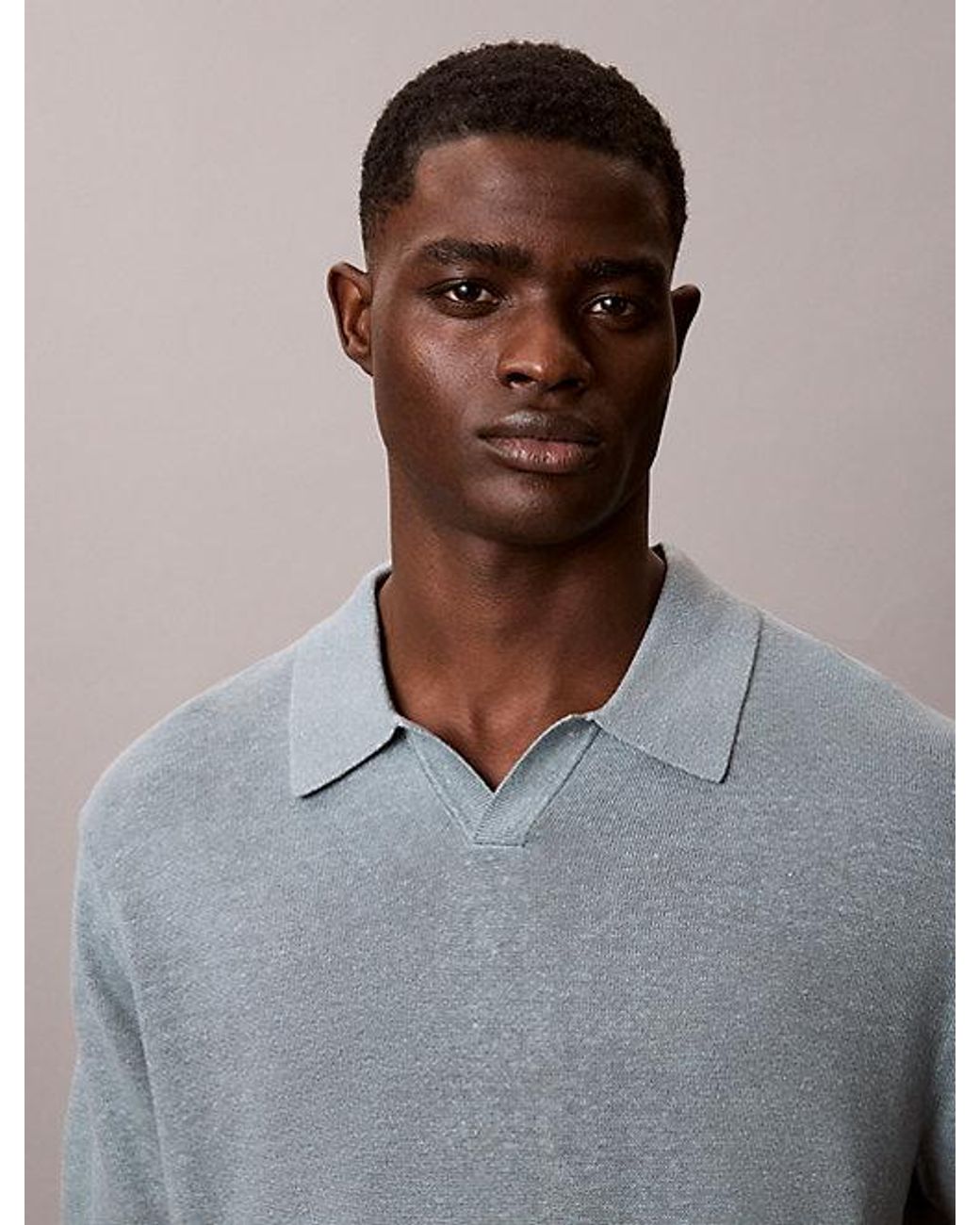 Calvin Klein Gray Linen Blend Open Collar Polo Shirt for men