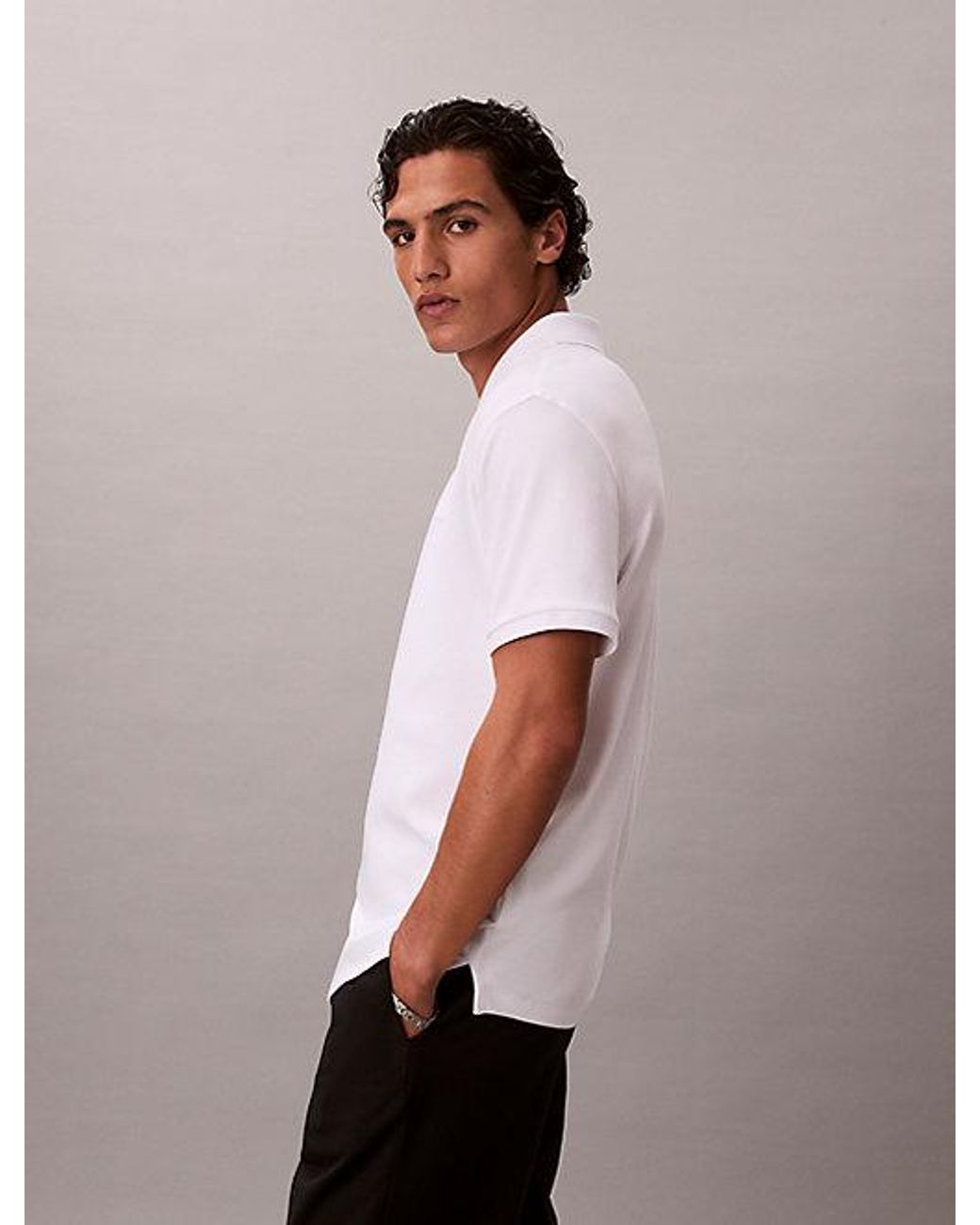 Calvin Klein White Slim Zip Neck Polo Shirt for men