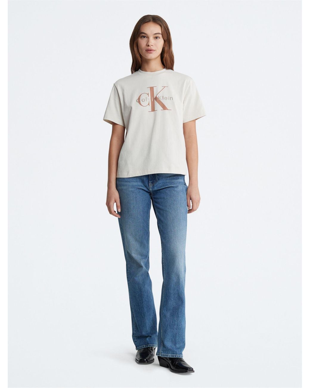 Calvin Klein Metallic Monogram Logo Boxy Crewneck T-shirt in White | Lyst