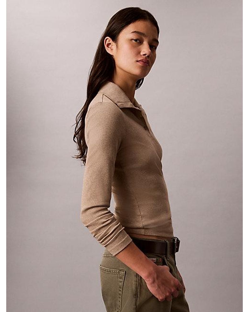 Calvin Klein Brown Jeans Ribbed Cotton Turtleneck Henley Top