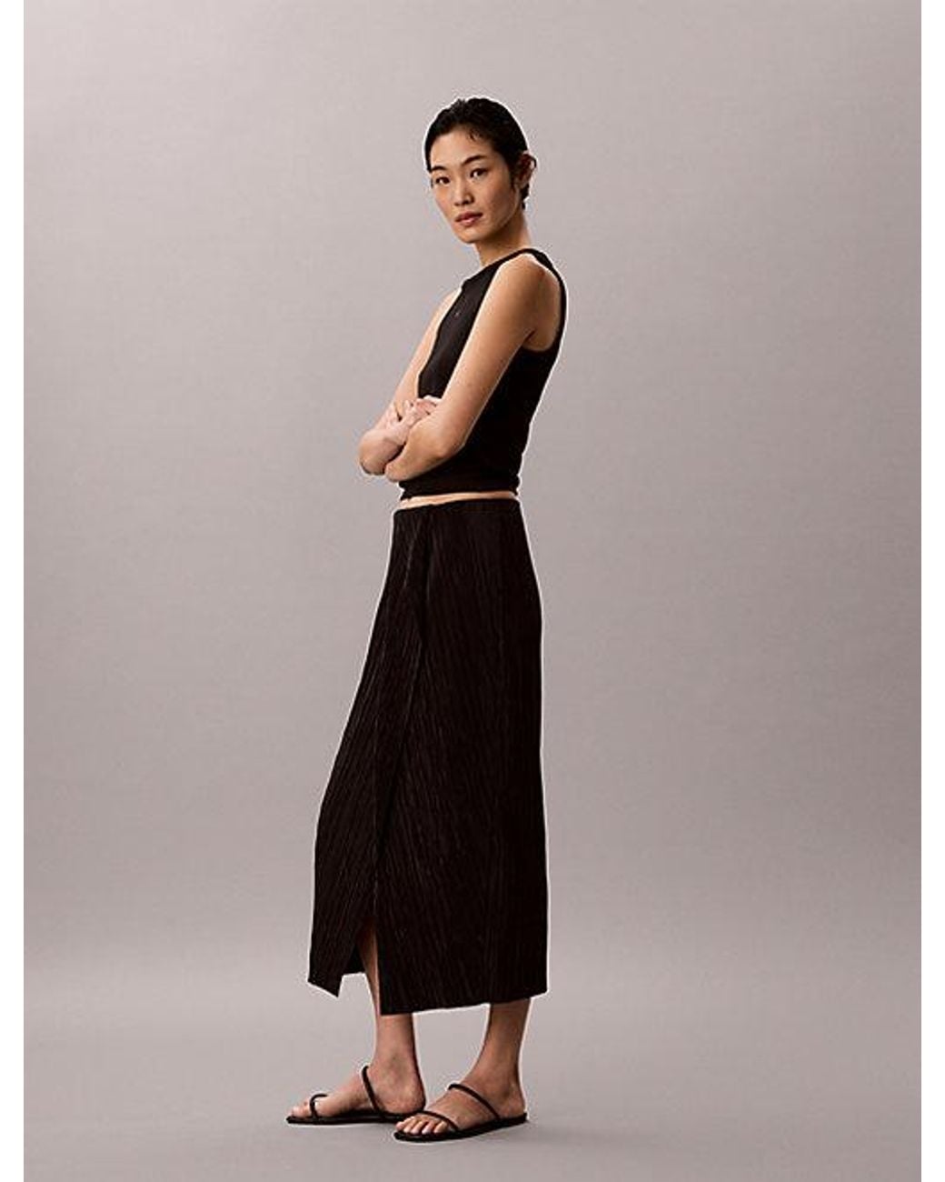 Calvin Klein Black Draped Plissé Midi Skirt