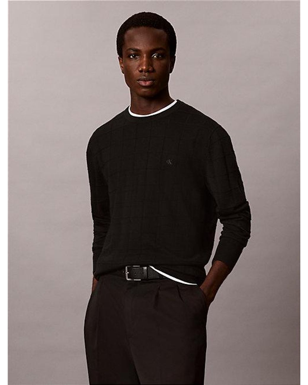 Calvin Klein Black Merino Wool Grid Jumper for men
