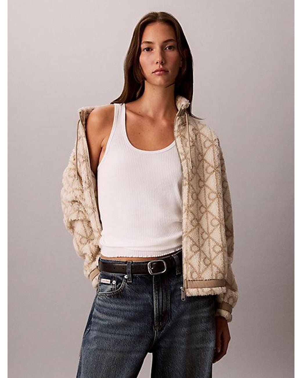 Calvin Klein Natural Jeans Sherpa Fleece Zip Up Jacket