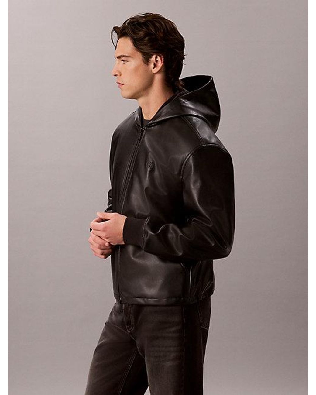Calvin Klein Black Jeans Hooded Faux Leather Bomber Jacket for men