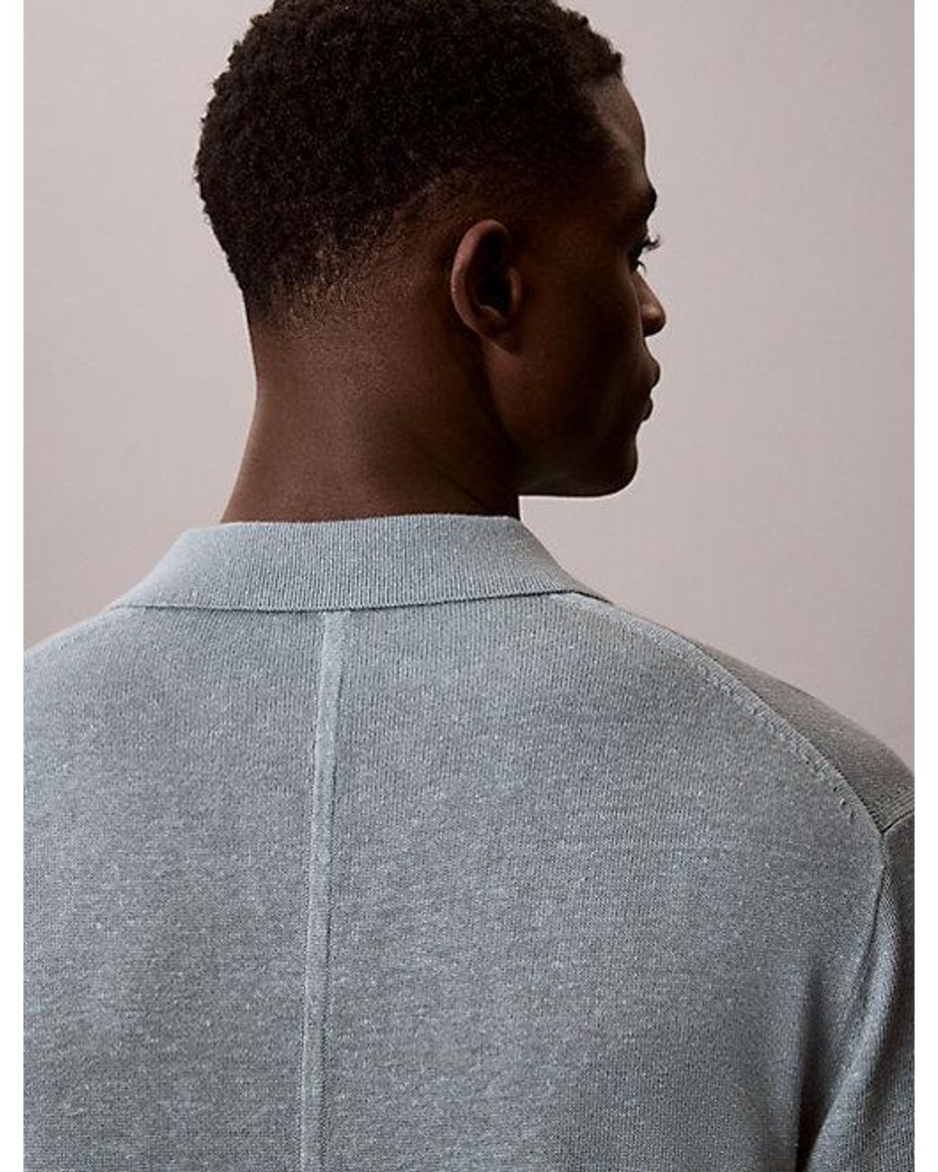 Calvin Klein Gray Linen Blend Open Collar Polo Shirt for men