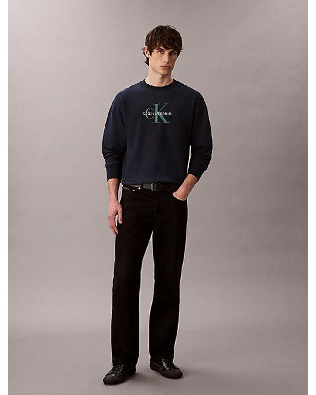 Calvin Klein Blue Jeans Premium Terry Monogram Logo Relaxed Sweatshirt for men
