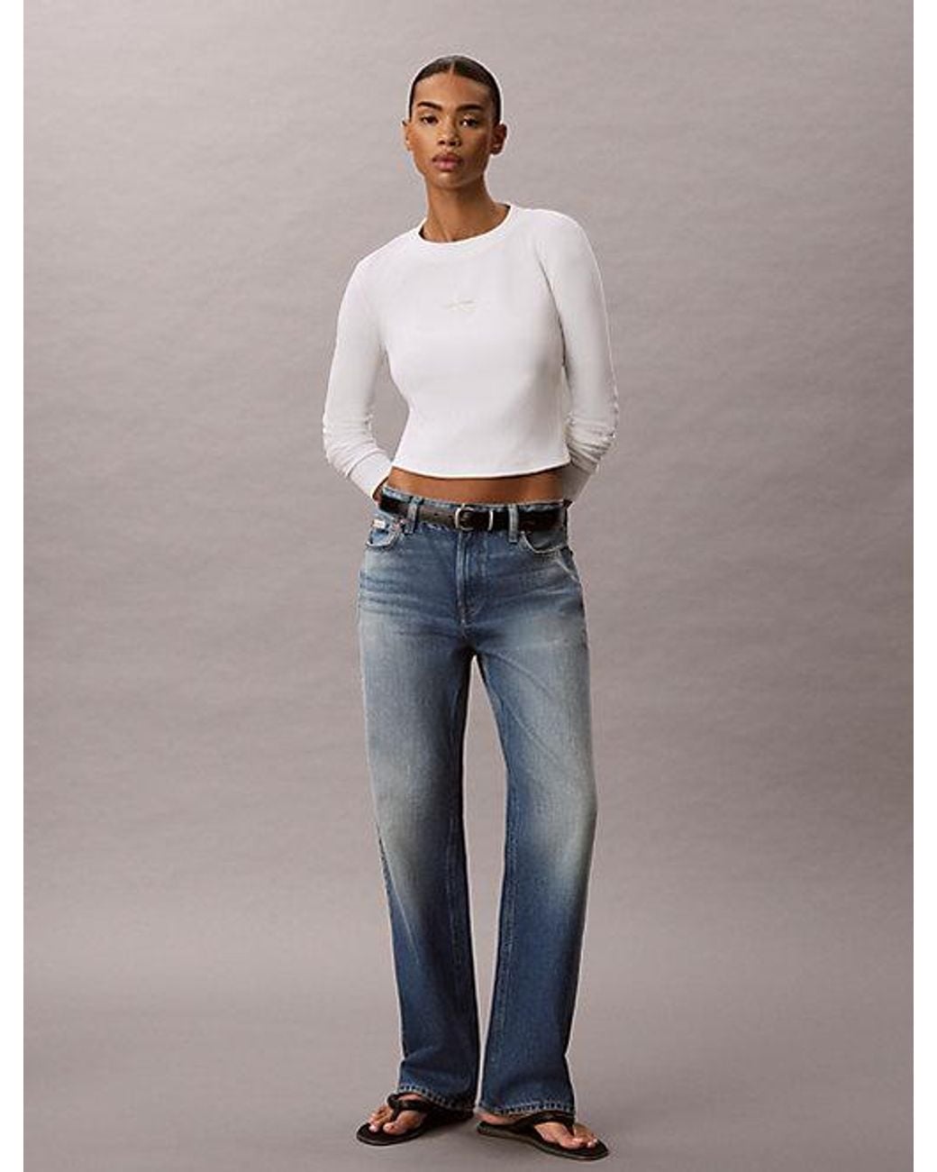 Calvin Klein White Jeans Monologo Long Sleeve Rib Baby Tee
