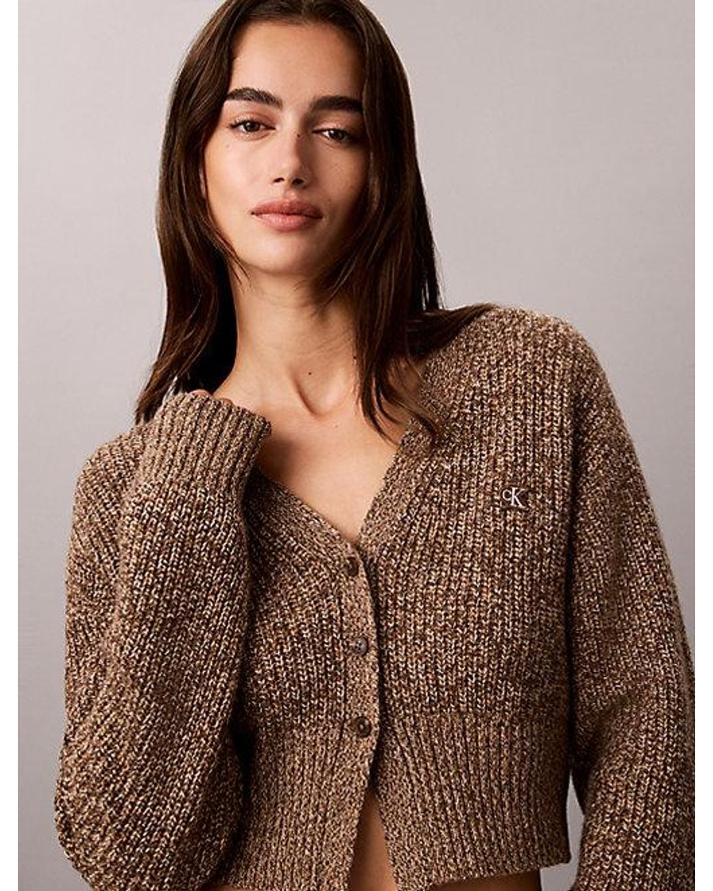 Calvin Klein Brown Jeans Cropped Wool Blend Mouliné Cardigan