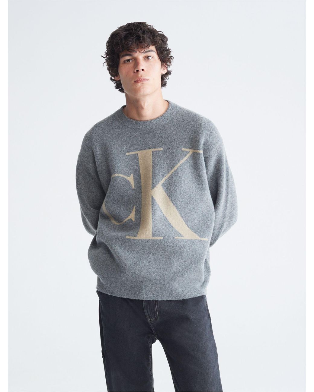 Calvin Klein Monogram Logo Jacquard Crewneck Sweater in Blue for Men | Lyst  Canada