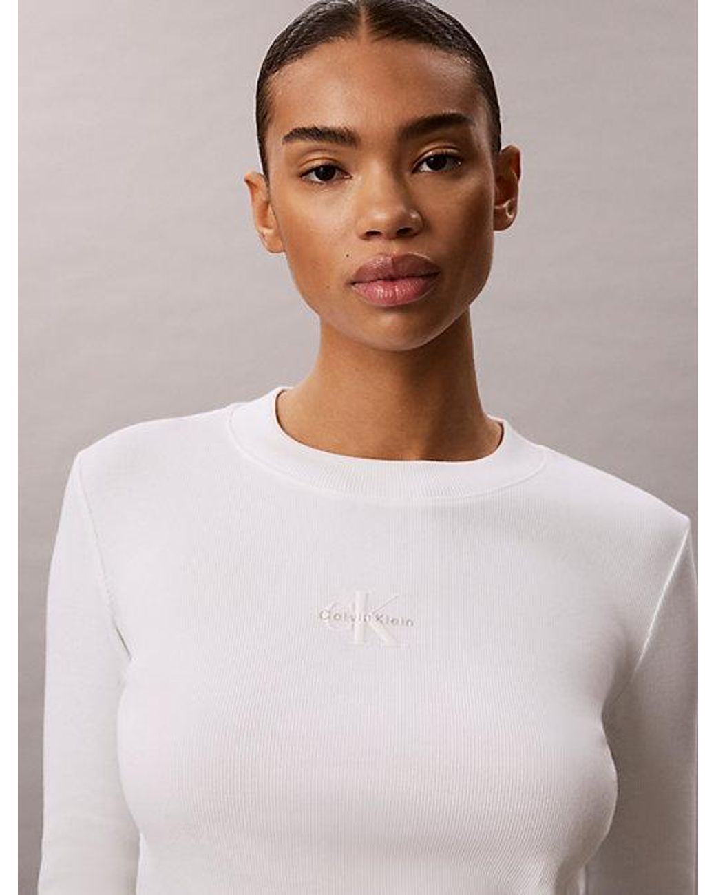 Calvin Klein White Jeans Monologo Long Sleeve Rib Baby Tee