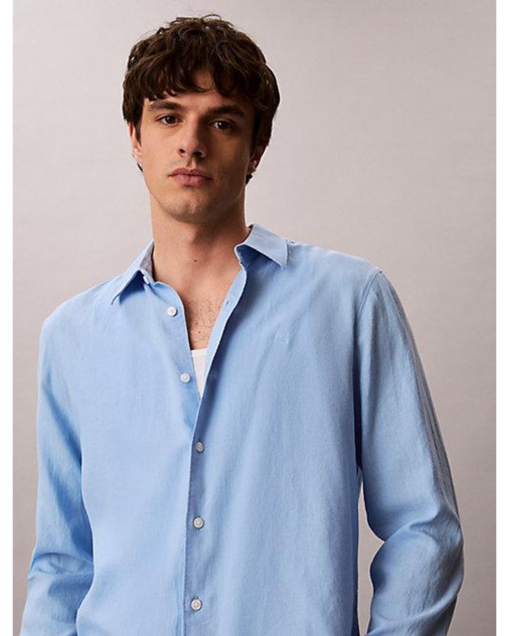Calvin Klein Blue Solid Linen Blend Classic Shirt for men