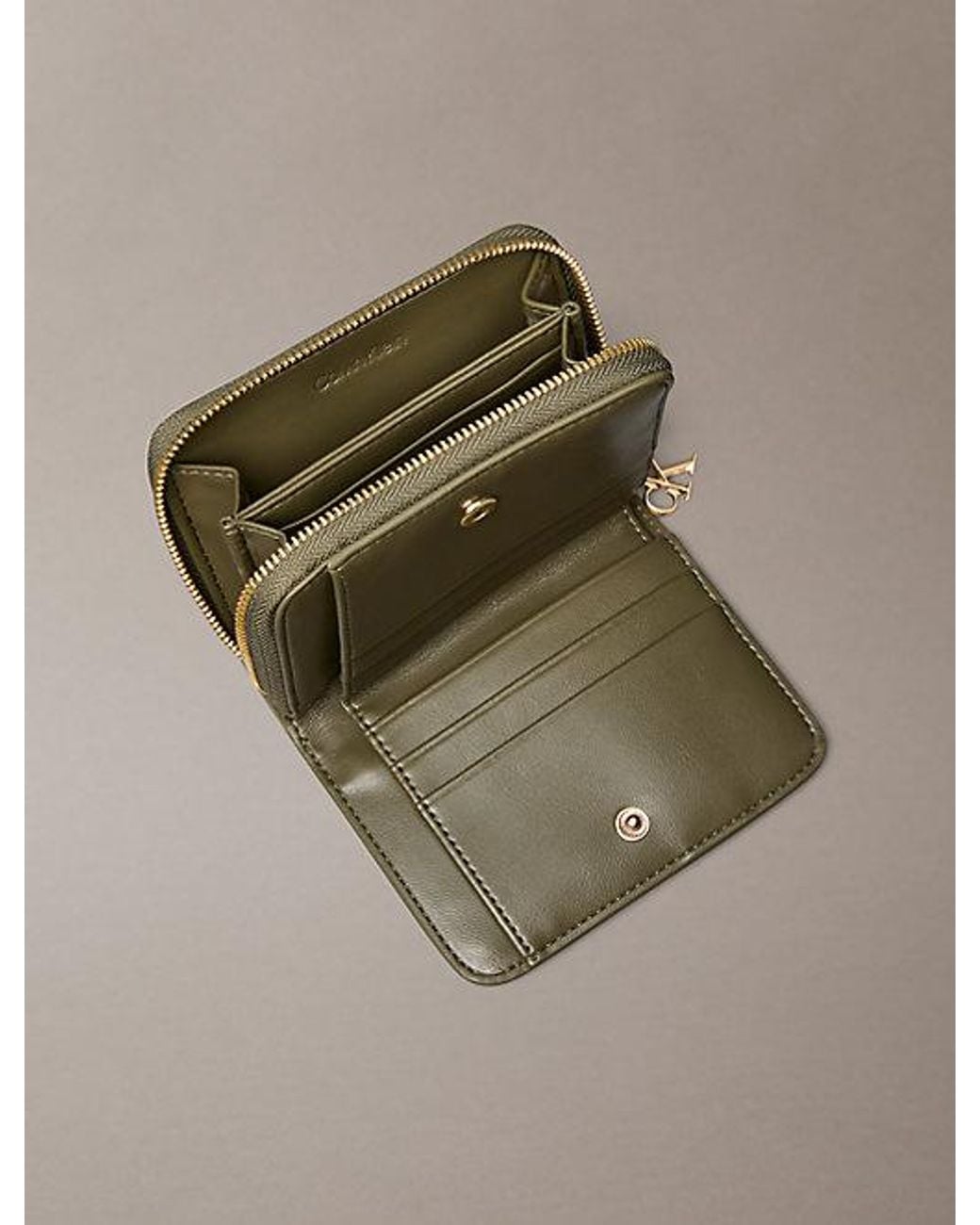 Calvin Klein Green Leather Rfid Monogram Charm Wallet