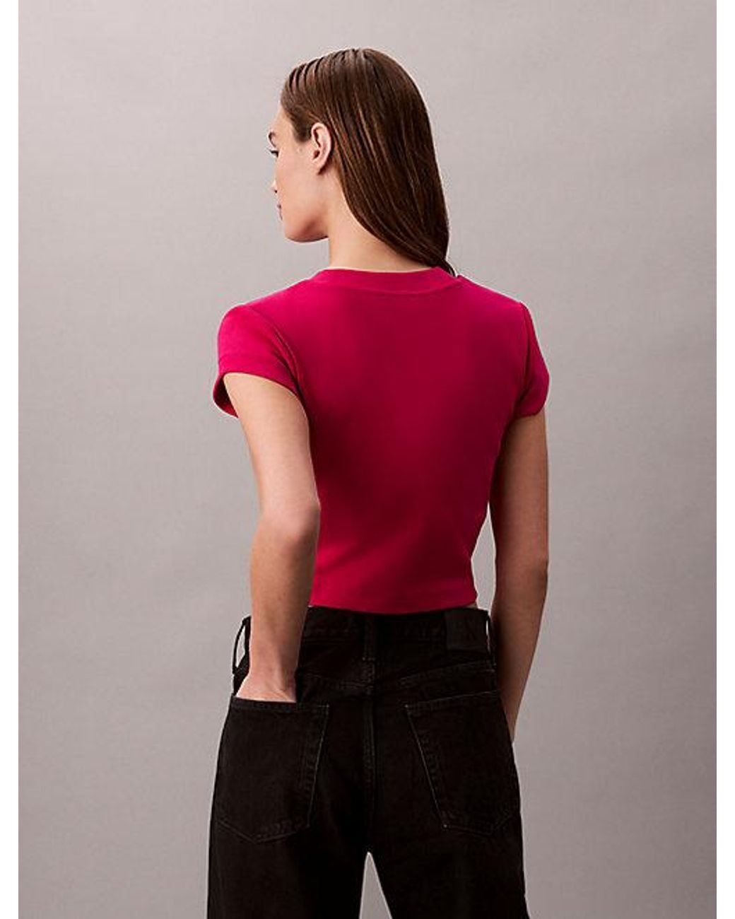 Calvin Klein Red Jeans Slim Ribbed Cotton Logo T-Shirt